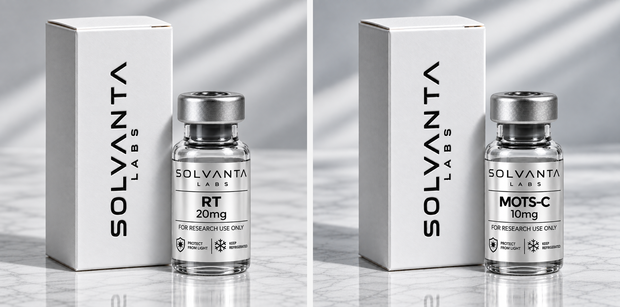 RT 20mg + MOTS-C 10mg — original Solvanta Labs product images