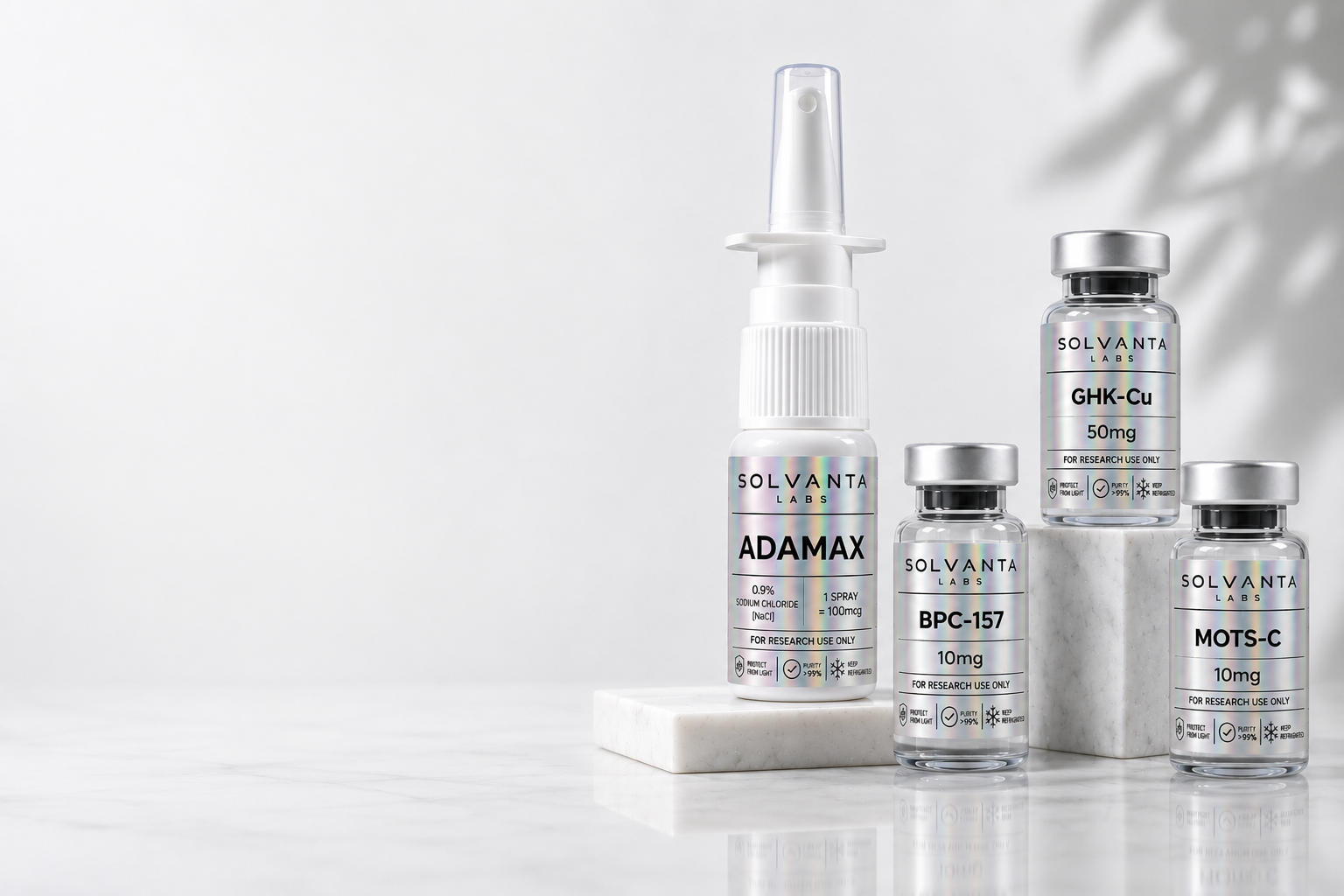 Solvanta Labs Adamax research spray with BPC-157, GHK-Cu and MOTS-C vials