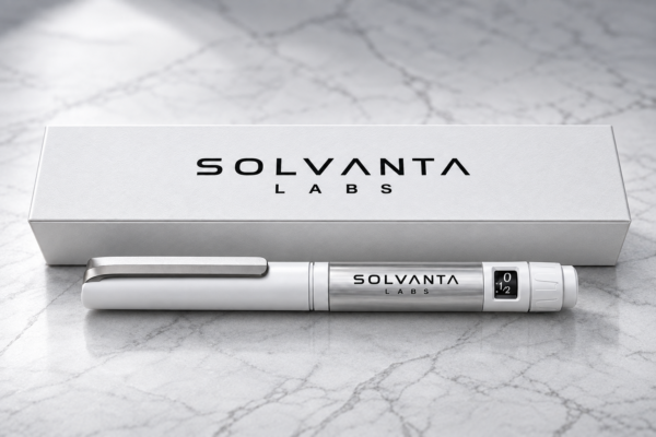solvanta-labs-peptide-pen Silver and white Solvanta Labs research peptide pen with branded box